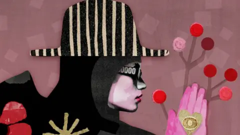 Holly Goodhart & Milly Jackson A woman captured in a digital collage can be seen looking to the right with large sunglasses on and a black and white stripy hat on a red background. A pink gloved hand is visible on the right of the image with red circles behind it.