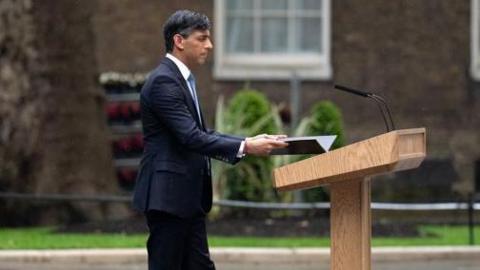 UK Prime Minister Rishi Sunak speaks to the media as he announces the date for the UK General Election in Downing Street
