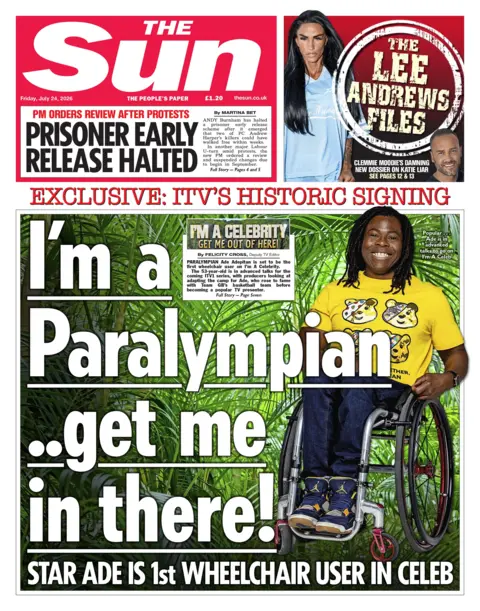 The headline on the front page of the Sun reads: “I'm a paralympian.. get me in there".