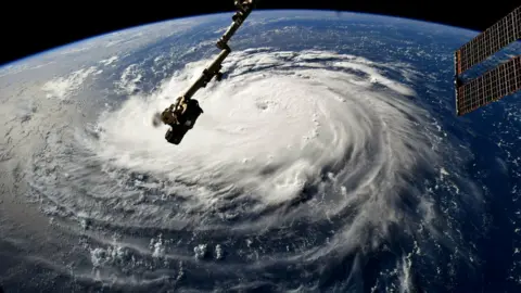 NASA Hurricane Florence gains strength in the Atlantic Ocean as it moves west, seen from the International Space Station on September 10, 2018