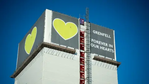 File image of Grenfell Tower, covered in tarpaulin with a grey and green sign with a heart saying 'Grenfell: Forever in our hearts'