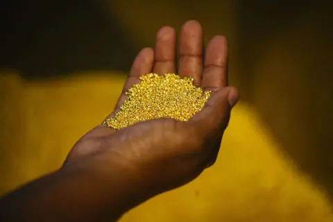 Getty Images A worker at a mine in a different country holds a handful of gold bullion granules.