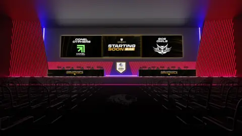 Artist's impression of how the main arena will look. Large video screens adorned with team names sit above a stage. The walls are illuminated red. 