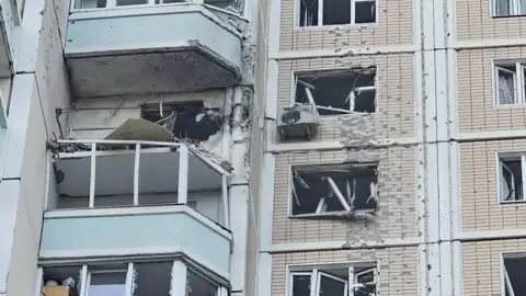 A damaged multi-storey residential building in Moscow's region, following a Ukrainian drone attack. Photo: 17 May 2026