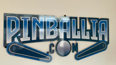 A large sign in shades of the colour blue, on a white wall spelling out the name Pinballia.com
