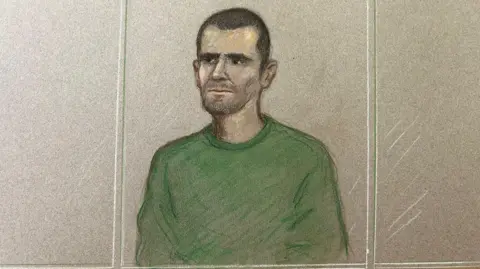 Julia Quenzler A court sketch of Marcus Monzo who has short dark hair and is wearing a green-grey top