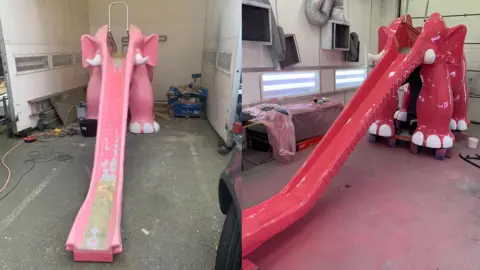 Chris Orkizewski Before and after photos show a well-worn elephant slide in a workshop next to the same elephant once it had been restored. 