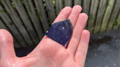 BBC/Oli Constable A small piece of dark-coloured glass or plastic in someone's hand. A garden fence is in the background.