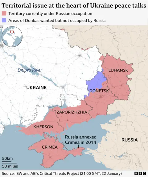 A map titled: Territorial issue at the heart of Ukraine peace talks, highlighting eastern Ukraine and parts of Russia. Areas shaded in solid pink represent Ukrainian regions currently under Russian occupation mostly in Luhansk, Donetsk, Crimea, Kherson and Zaporizhzhia. A purple area within Donetsk is labelled as an area of Donbas wanted but not occupied by Russia.