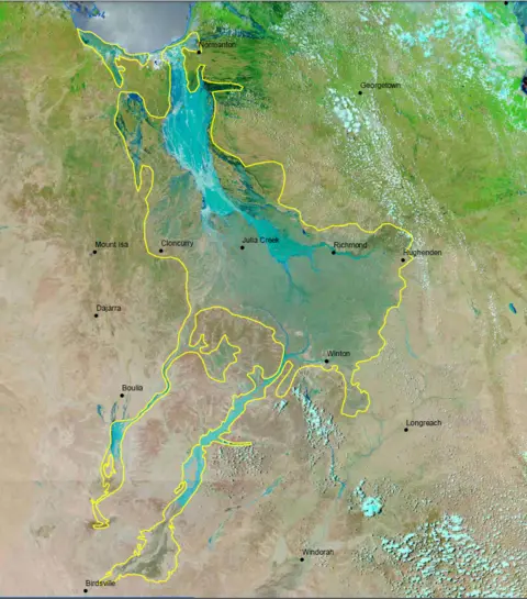 AGFORCE An aerial map shows the affected flood regions in Queensland's cattle farming land on 9 February 2018. Labelled flood-affected regions include (clockwise from top): Normanton, Julia Creek, Richmond, Hughendon, Winton, Boulia, Cloncurry