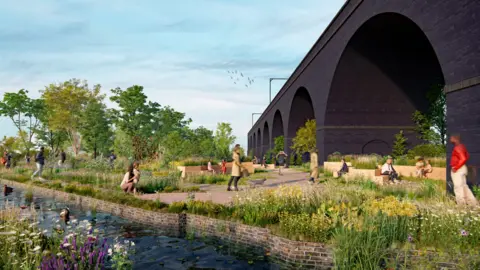 Flowers and planting surround seating and a canal in this artist's image. People are seen walking under and near to a railway bridge with trees in the background and the sun is shining.
