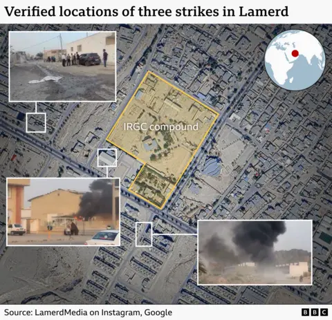 An image showing the verified locations of the strikes in Lamerd. Two appear to take place relatively near an IRGC compound - which is highlighted. A third takes place a short distance away. 