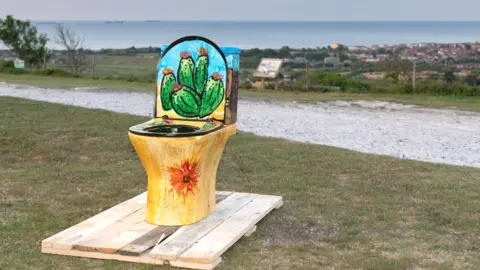 Sienna Anderson The same toilet with the lid up this time, revealing more cacti motifs.