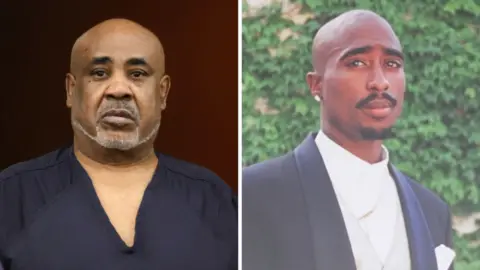 On the left, Keffe D wearing a navy shirt; on the right, a photo of Tupac.