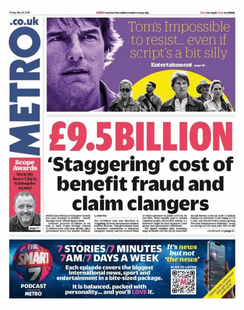 The headline on the front page of the Metro reads: "Staggering cost of benefit fraud claim clangers".