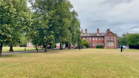 An ornate building with a large field in front of it as well as a playing field and trees. There is a row of trees to the left hand side of the image, obscuring part of the building. Two people in black clothing are standing in front of the building.