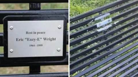 Guy Stevens A plaque honouring rapper Eazy-E, left, removed from a park bench, right