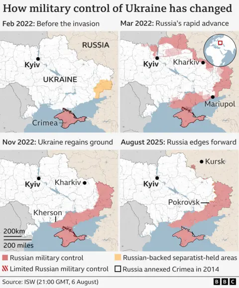 Series of four maps showing changes in Russian military control in Ukraine from February 2022 to August 2025.

Feb 2022: No Russian military control.
Mar 2022: Rapid Russian advance with areas in red (control) and red stripes (limited control).
Nov 2022: Ukraine regains territory; Russian-controlled areas reduced.
Aug 2025: Russia edges forward; controlled areas increase again.
The maps highlight cities including Kyiv, Kharkiv, Mariupol, Kherson, Kursk, and Pokrovsk. Crimea is outlined in black, indicating its annexation by Russia in 2014. Source: ISW