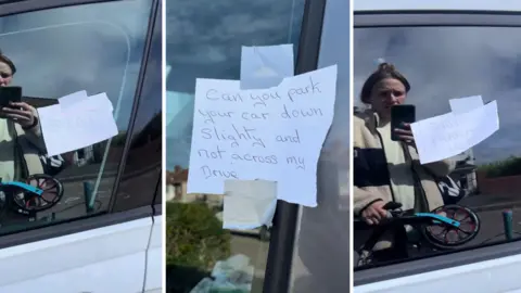 Astrid Cooper A composite image showing three handwritten notes taped to the window of Astrid Cooper's car. One says "can you park your car down slightly and not across my drive".