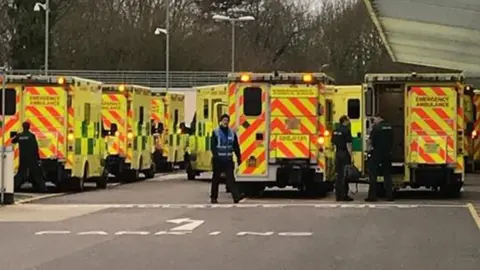 Ambulances queuing outside Broomfield Hospital in Essex