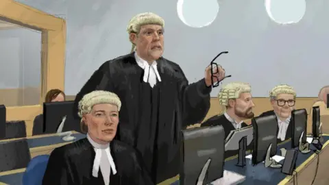 Nick Lewis Sketch of four barristers sitting in a court room. On the left is woman with short dark hair tucked up beneath her wig, standing next to her is a man gesturing with a pair of glasses in his hand and to his right are two men, one has a beard and the other is wearing glasses.