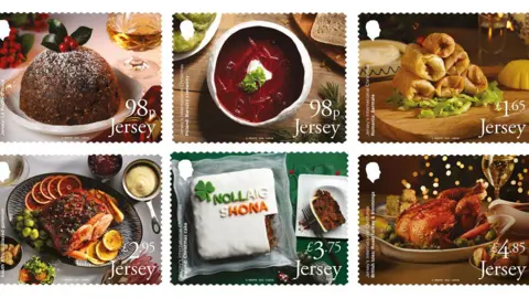 Jersey Post The image shows six different stamps from the new collection. The stamps include a traditional Christmas pudding, a Christmas turkey and Poland's Barszcz czerwony.