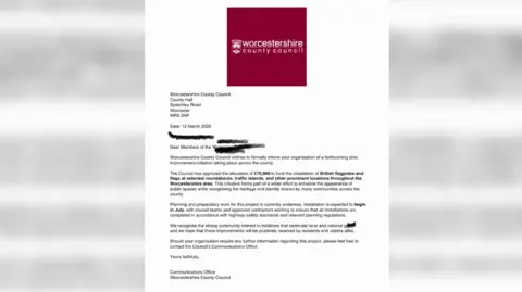 Worcester Patriots A screenshot of a letter posing to be from Worcestershire County Council with the council's emblem at the top of the page.