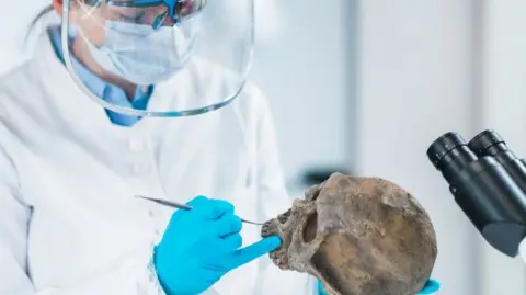 Ancient DNA analysis. Female scientist holding micro tube with sample in ancient DNA laboratory.