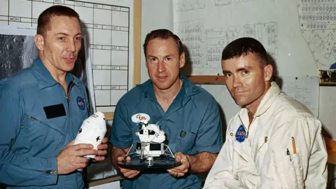  Jack Swigert, Jim Lovell and Fred Haise. They are holding models of the craft