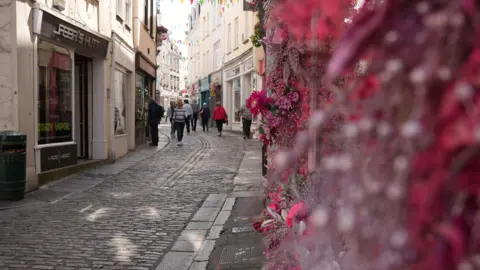 A shot of Guernsey's high street look up the Pollet