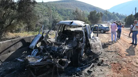 Getty Images Un automóvil quemado y dañado en las afueras de Masyaf yace al costado de una carretera sucia en Siria. La gente mira el coche y le toma fotografías.