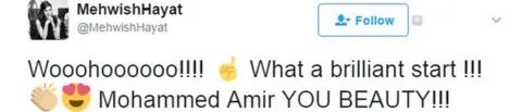 @MehwishHayat Wooohoooooo!!!! ☝️ What a brilliant start !!! 👏🏼😍 Mohammed Amir YOU BEAUTY!!!