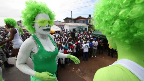AHMED JALLANZO Liberians paints their bodies during a Green rally to mark the official Launch of opposition Liberty Party (LP) Presidential candidate, Charles Walker Brumskine (not pictured) campaign, at the party headquarters in Monrovia, Liberia, 09 September 2017. The Presidential and General Elections are scheduled for 10 October 2017, and Liberians are to elect a new president to succeed incumbent President Ellen Johnson Sirleaf. The 2017 Presidential election is expected to be Liberia"s first peaceful transition of power from a democratically elected President to another after almost four decades.