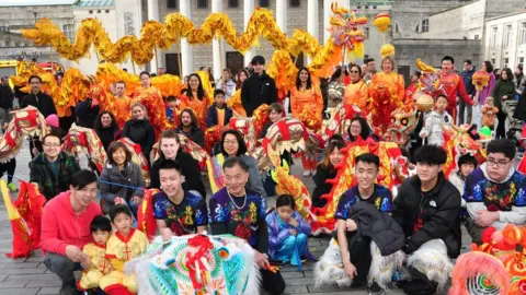 Chinese Association of Southampton Dragon dancers at Chinese New Year in Southampton