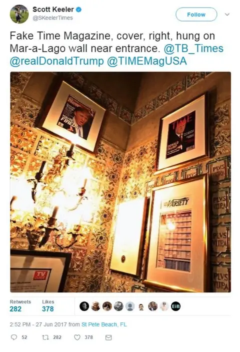 SKeelerTimes A tweet from photographer Scott Keeler shows the fake cover on a wall, with the words, "Fake Time Magazine, cover, right, hung on Mar-a-Lago wall near entrance".