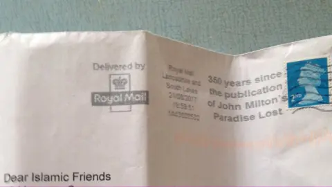 The letter, addressed to Dear Islamic Friends, had a Lancashire postmark