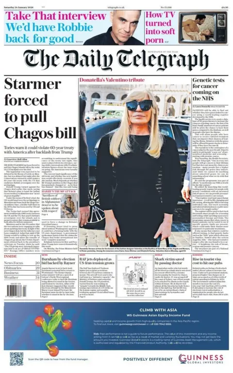 "Starmer forced to pull Chagos bill" reads the headline on the front page of the Daily Telegraph.
