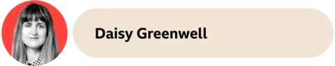 An representation  of Daisy Greenwell successful  a reddish  ellipse  to the left. The look   is adjacent  to a beige container  that reads "Daisy Greenwell" 