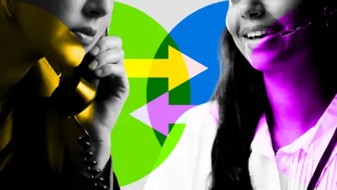 A stylised image of a woman on a phone on the left and a woman speaking into a headset on the right, with arrows between them