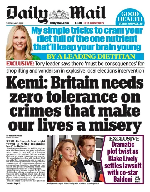 The headline on the front page of the Daily Mail reads: “Kemi: Britain needs zero tolerance on crimes that make our lives a misery”.