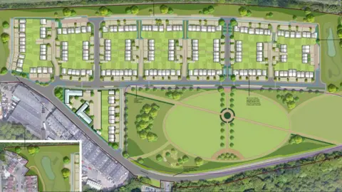 Tilia Homes A 3D image and map of a potential site building site. It shows homes, large green areas, trees, grass and a road. 