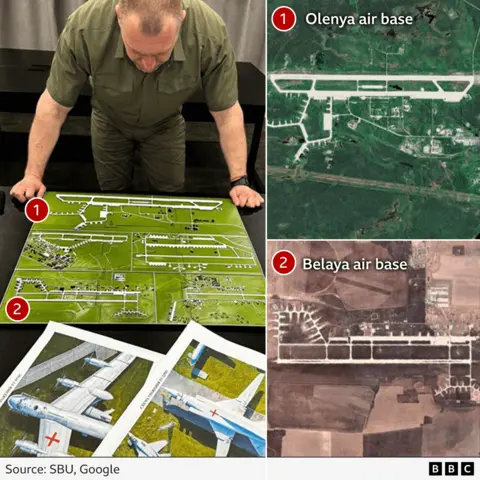 Composite image shows Ukraine's Head of the Security Service (SSU) looking at charts, with aerial images of the Russian air bases
