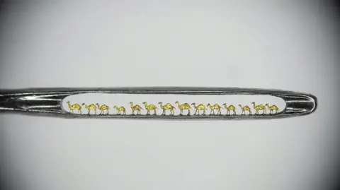 Dr Willard Wigan A zoomed-in photo of the eye of a needle with a row of 14 gold camels against a white background