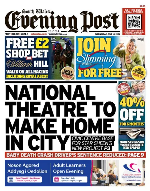 South Wales Evening Post Front page of South Wales Evening Post with headline National theatre to make home in city