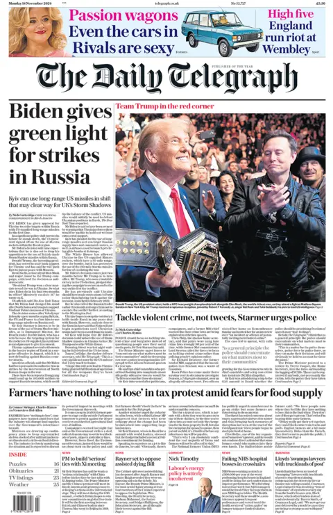 "Biden gives greenish  airy  for strikes successful  Russia" says the Daily Telegraph