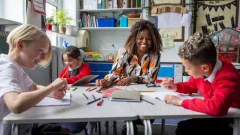 Getty Images A classroom scene showing a group of children seated around a table with notebooks and coloured pencils, engaged in an activity. A teacher sits with them. The background includes shelves with books, storage boxes, and educational materials, along with a display board and various classroom decorations.
