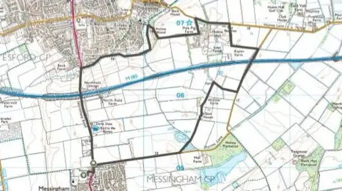 Crown Copyright An ordnance survey map showing the detailed route of the Scunthorpe Group of Ramblers' walk