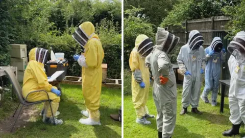 Two pictures of small figures in beekeeping suits, next to hives.