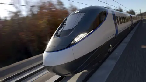 HS2 A mock-up of a HS2 train travelling