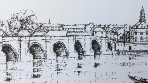 Susan Hughes Hand sketch in black and white of Berwick Old Bridge